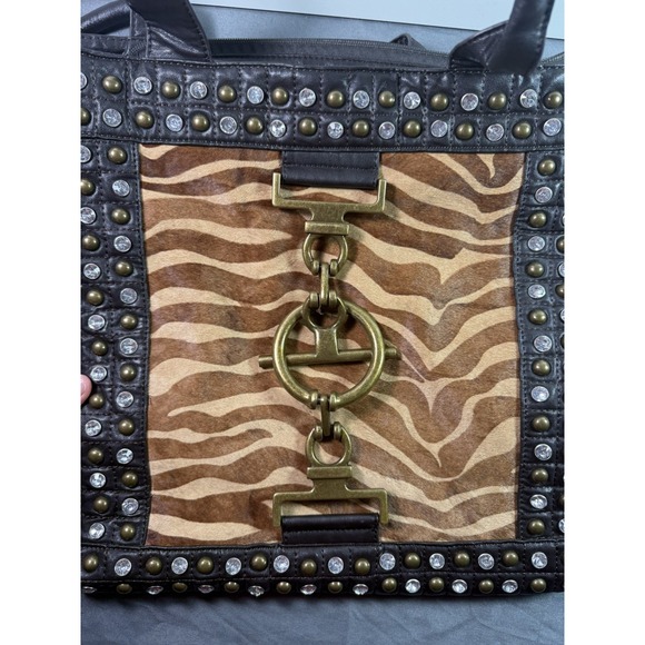 Vintage Studded Leather Tote Bag Zebra Haircalf Front Hardware Boho Chic Y2K - Picture 16 of 16